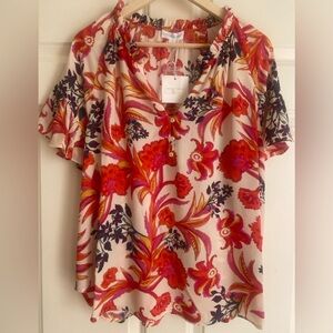 CYNTHIA ROWLEY Floral Blouse Size 1X NWT Romantic Ruffle V-Neck Short Sleeve